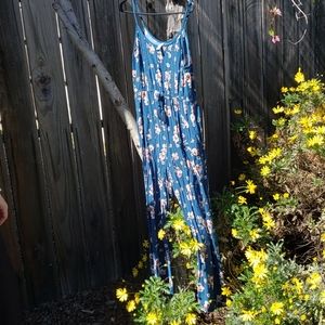 Blue Floral Print - Spaghetti Strap - Jumpsuit